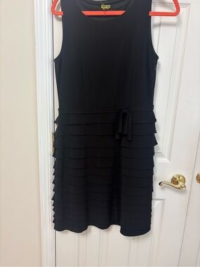 Sleeveless Black Tiered Ruffle Midi Dress with Waist Tie